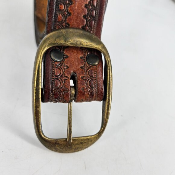 Brown Embossed Western Leather Belt Brass Buckle Size 40 Large 1.50" W USA - Picture 5 of 11